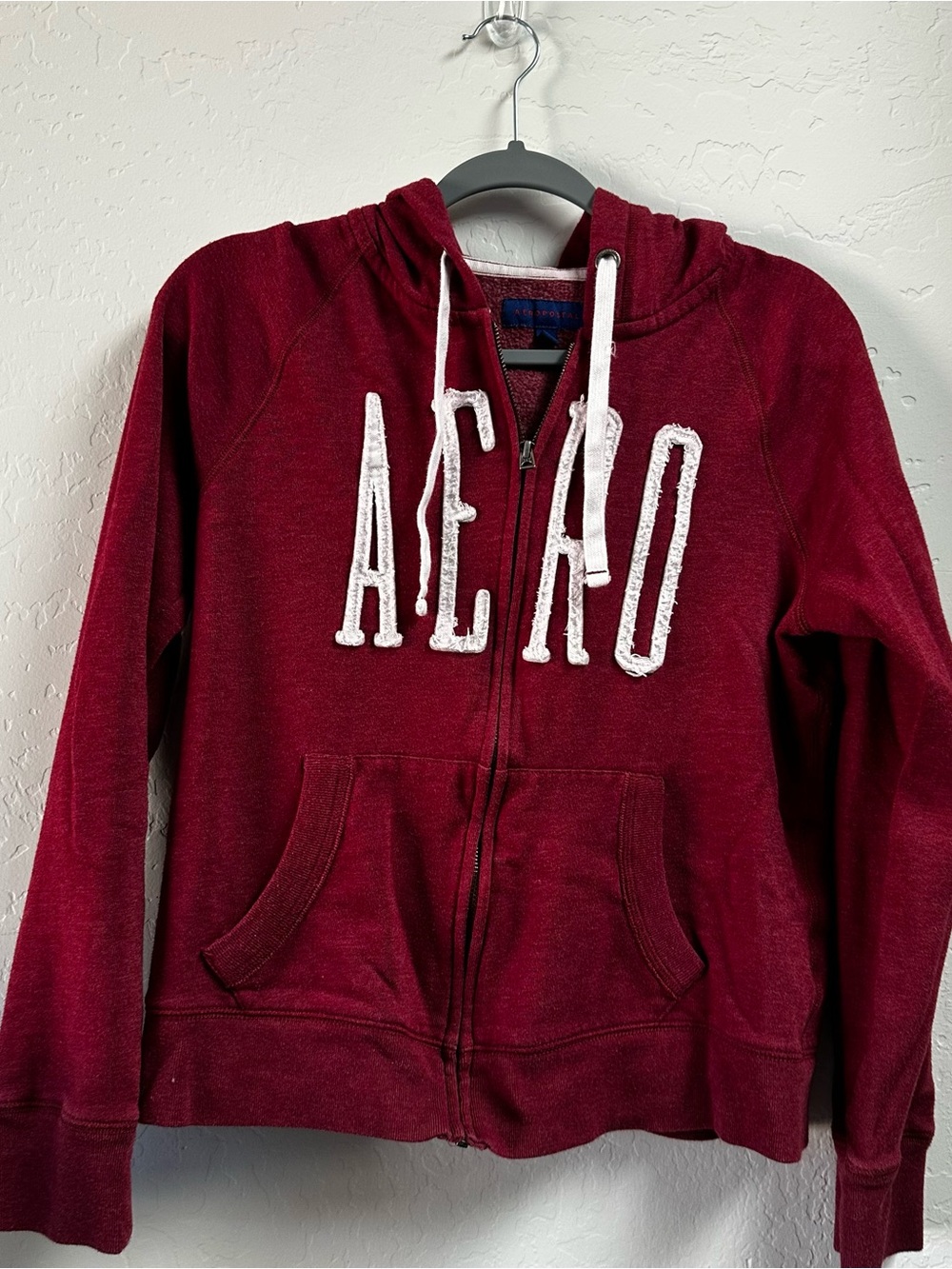 Vintage Y2K Aéropostale Maroon Full Zip Spellout Hoodie Large